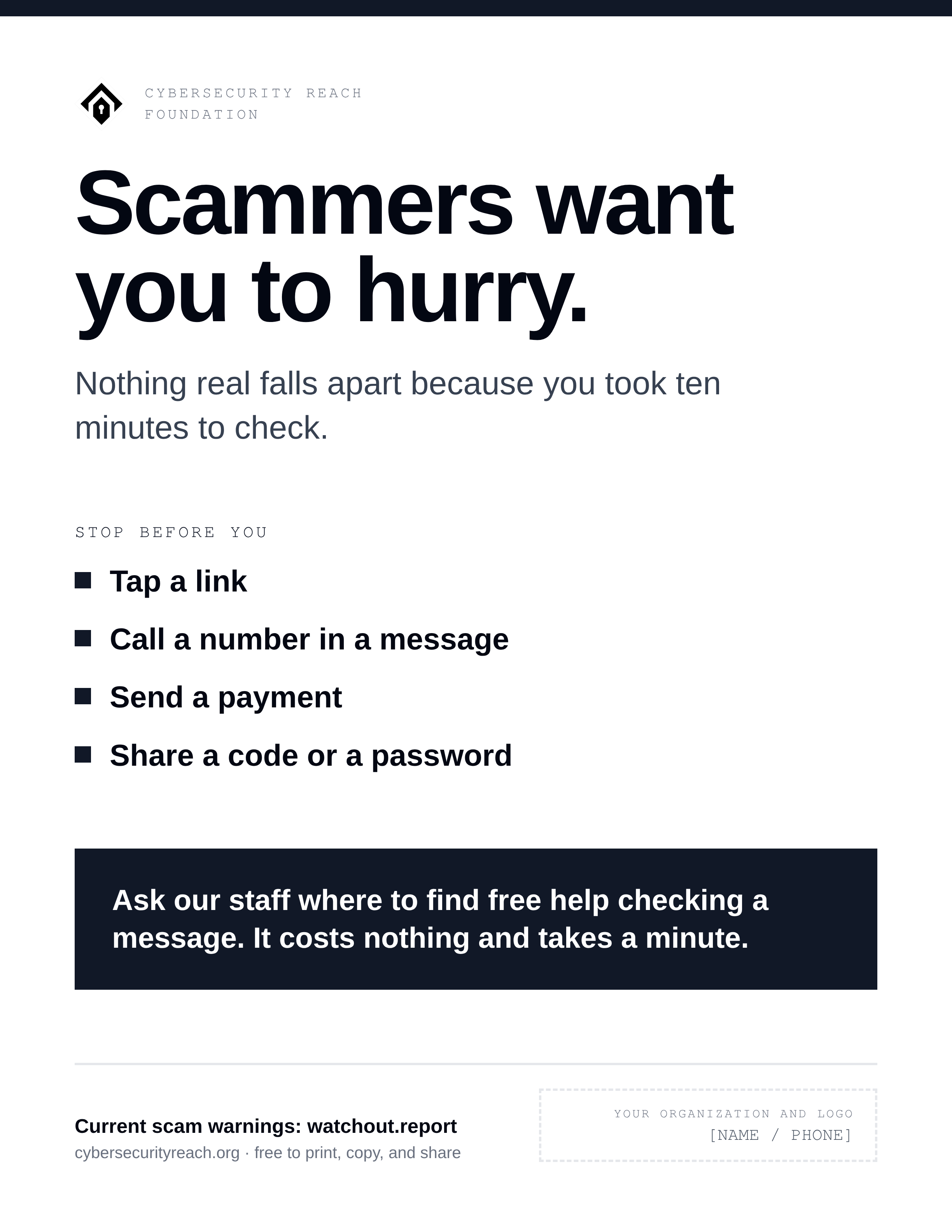 Poster. Headline: Scammers want
you to hurry. Nothing real falls apart because you took ten minutes to check. Stop before you: Tap a link; Call a number in a message; Send a payment; Share a code or a password. Ask our staff where to find free help checking a message. It costs nothing and takes a minute.