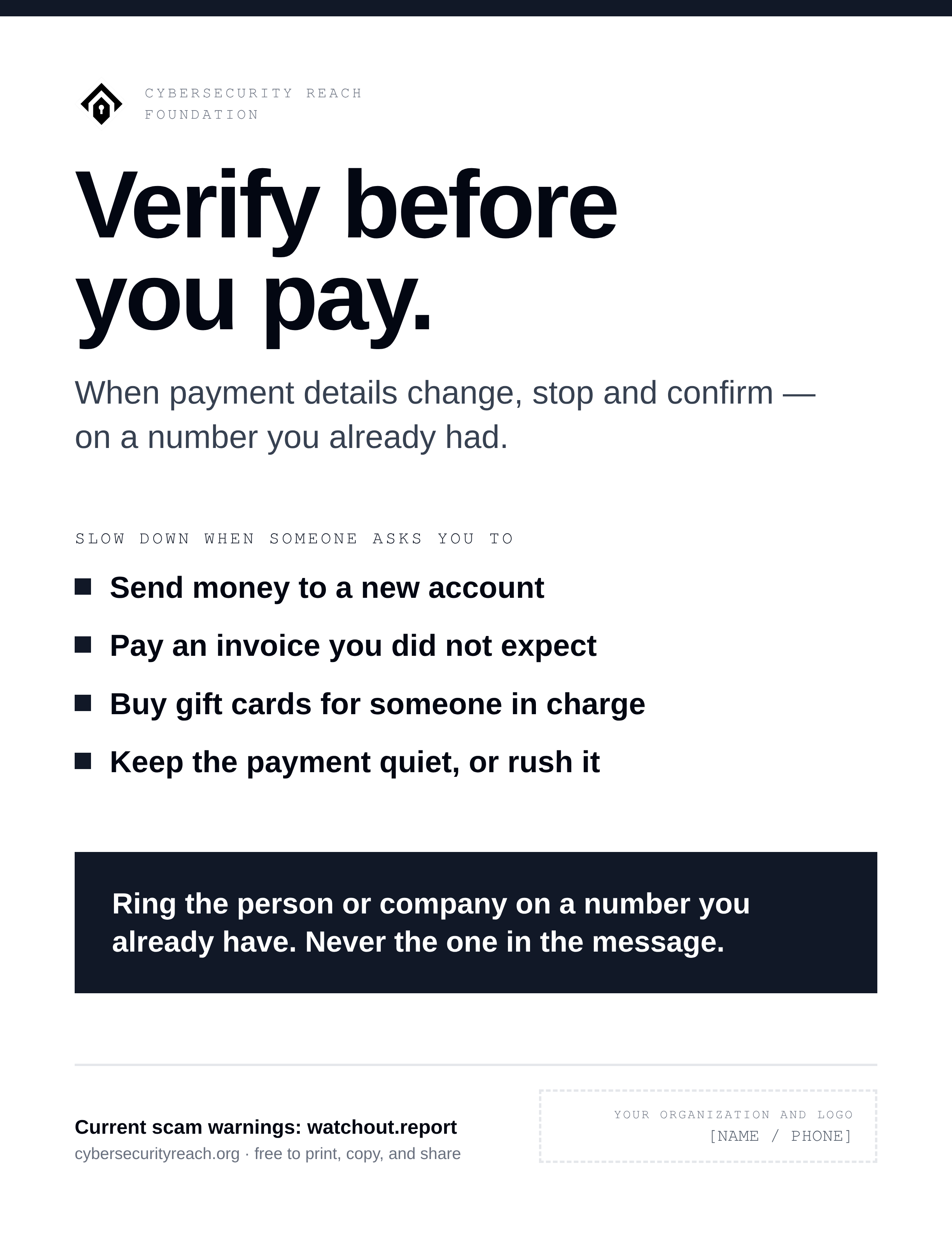Poster. Headline: Verify before
you pay. When payment details change, stop and confirm — on a number you already had. Slow down when someone asks you to: Send money to a new account number; Pay an invoice you were not expecting; Buy gift cards for someone in charge; Keep the payment quiet or rush it through. Ring the person or company on a number you already have. Never the one in the message.