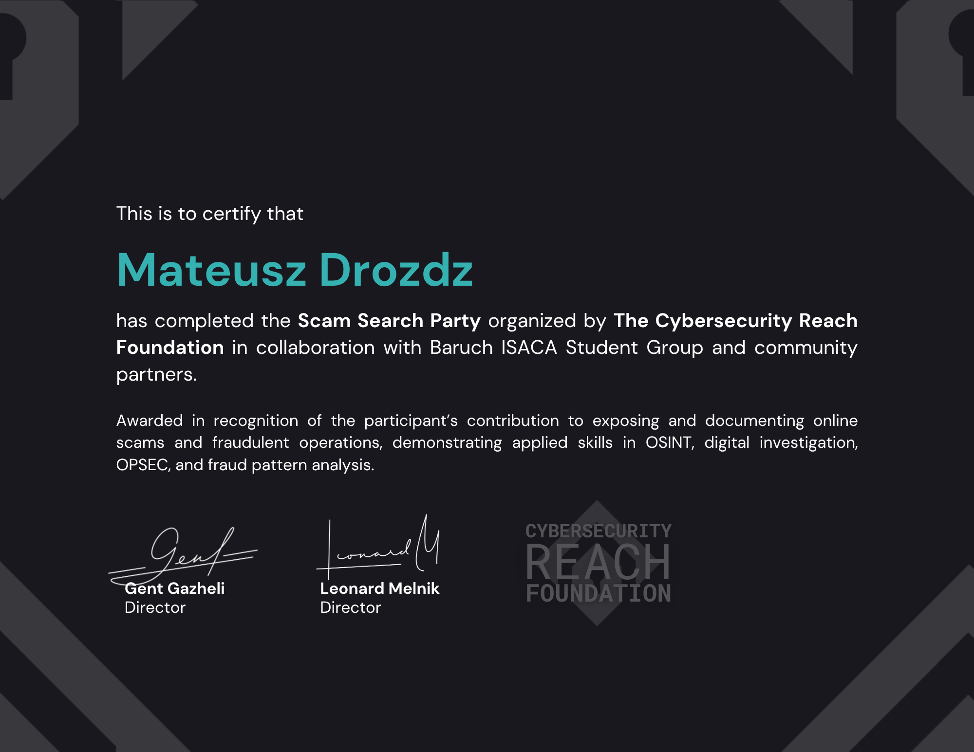 Scam Search Party • Investigator Certificate - Mateusz Drozdz