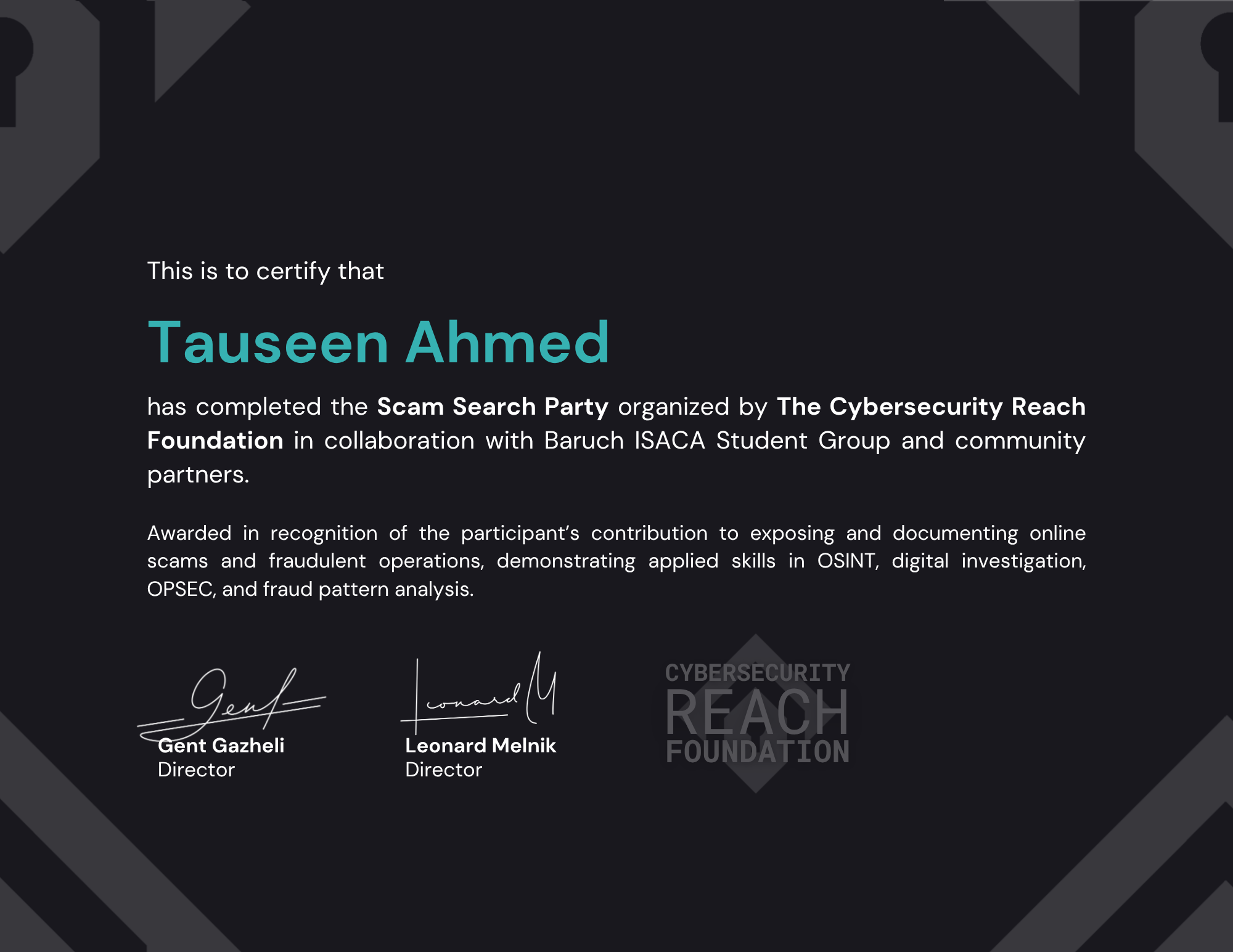 Scam Search Party • Investigator Certificate - Tauseen Ahmed