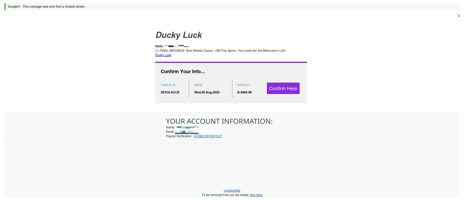 Direct Deposit of $13,963.99 - Affiliate Phishing Scam