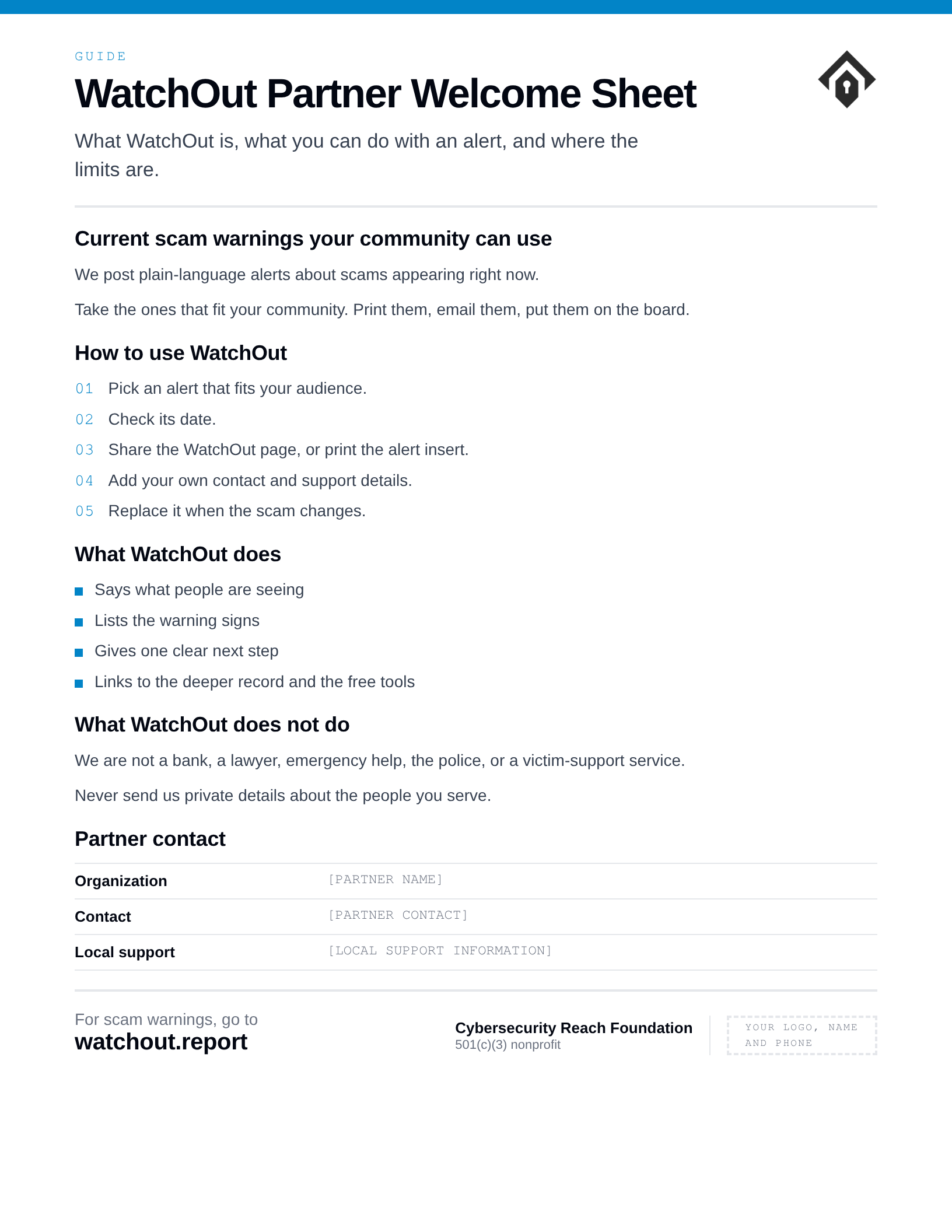 Preview of WatchOut Partner Welcome Sheet