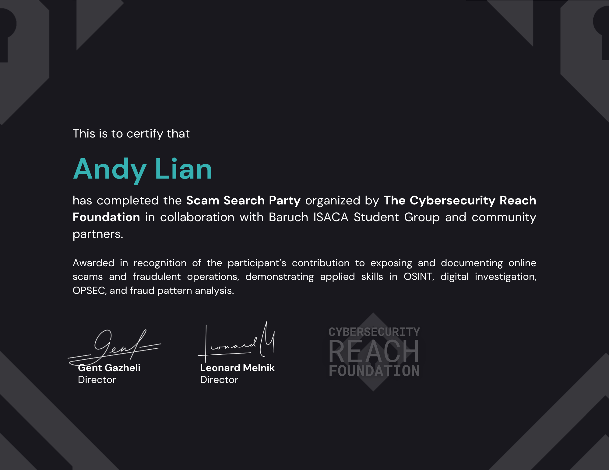 Scam Search Party • Investigator Certificate - Andy Lian