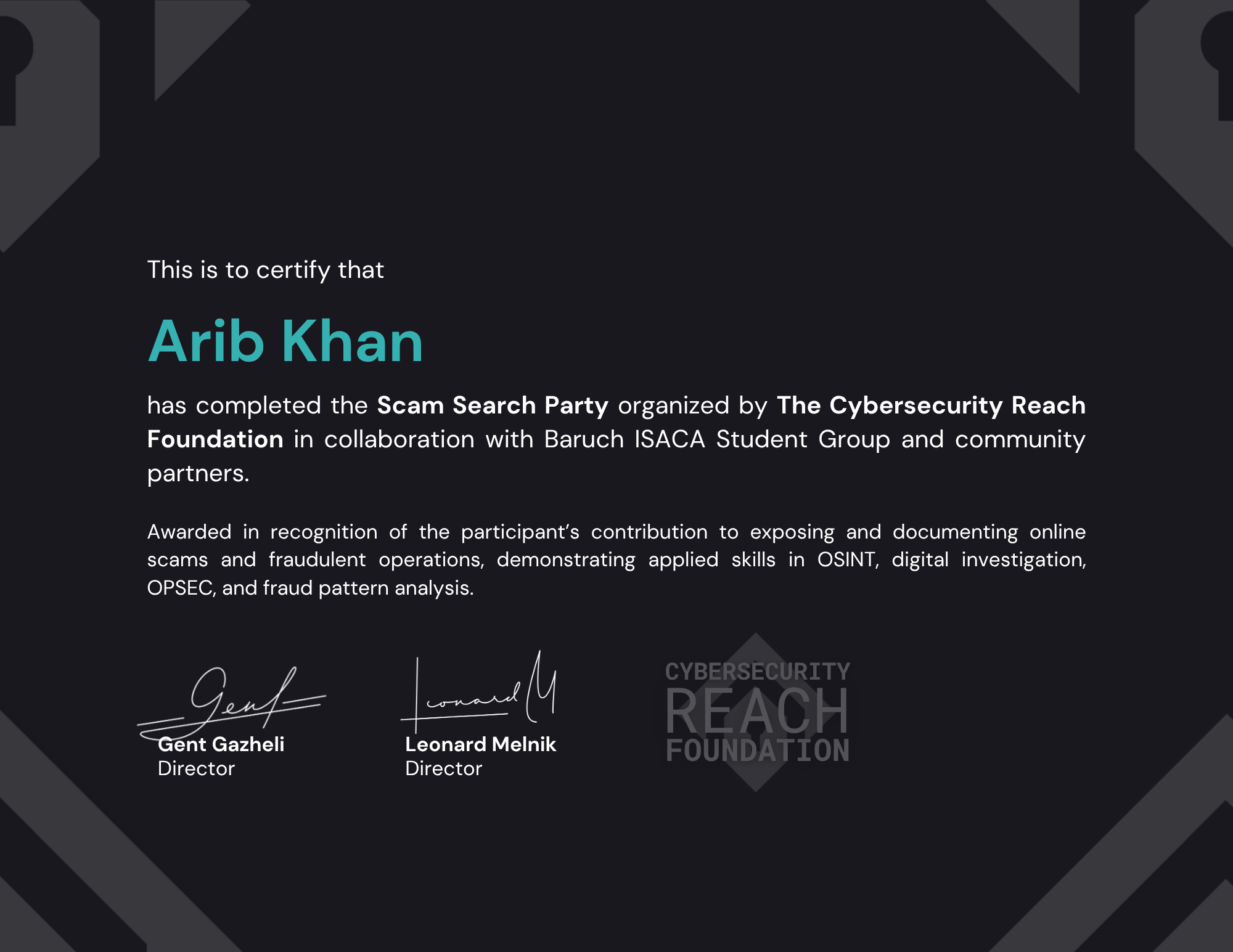 Scam Search Party • Investigator Certificate - Arib Khan