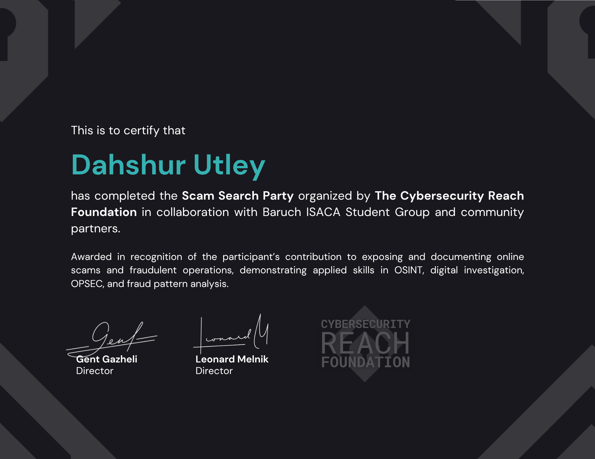 Scam Search Party • Investigator Certificate - Dahshur Utley