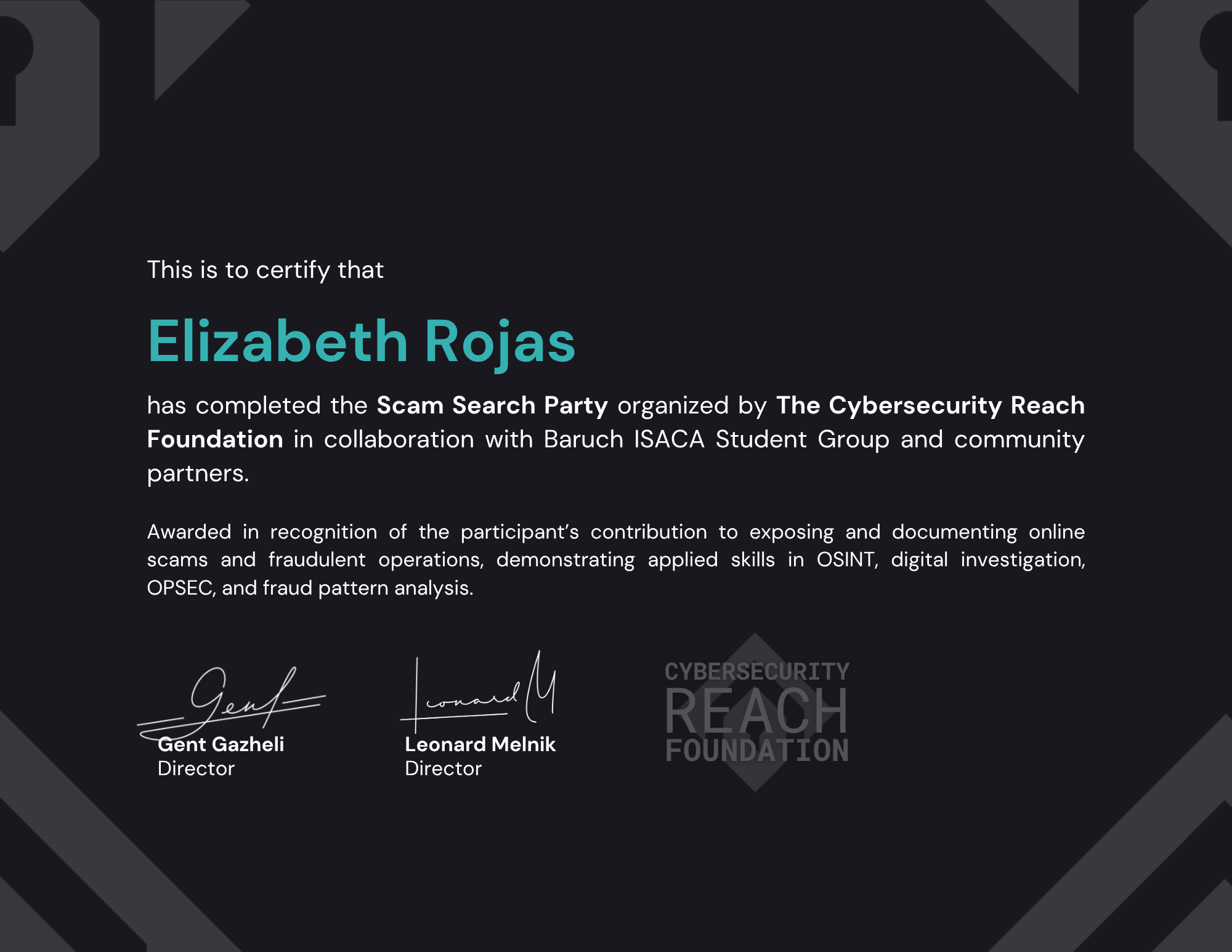 Scam Search Party • Investigator Certificate - Elizabeth Rojas
