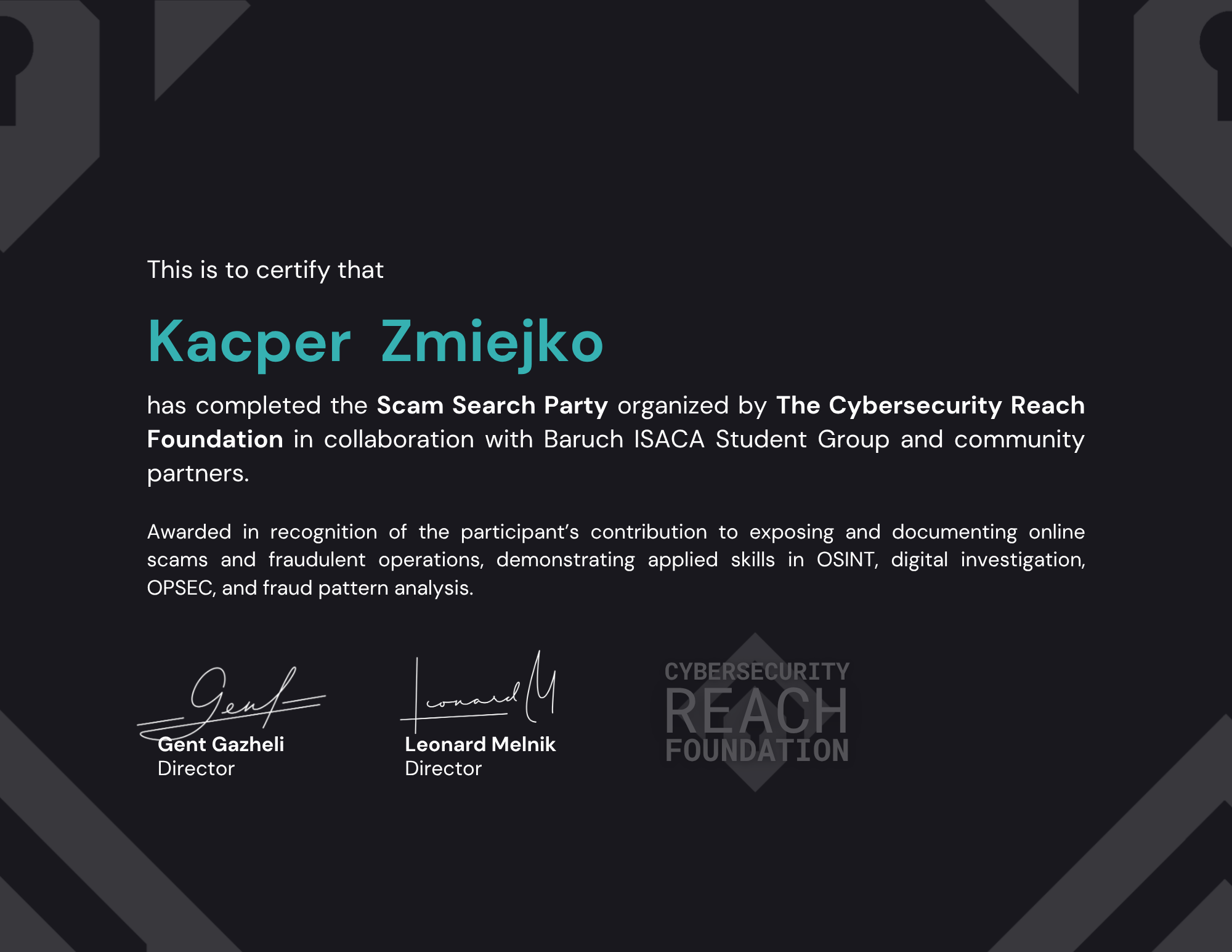 Scam Search Party • Investigator Certificate - Kacper Zmiejko
