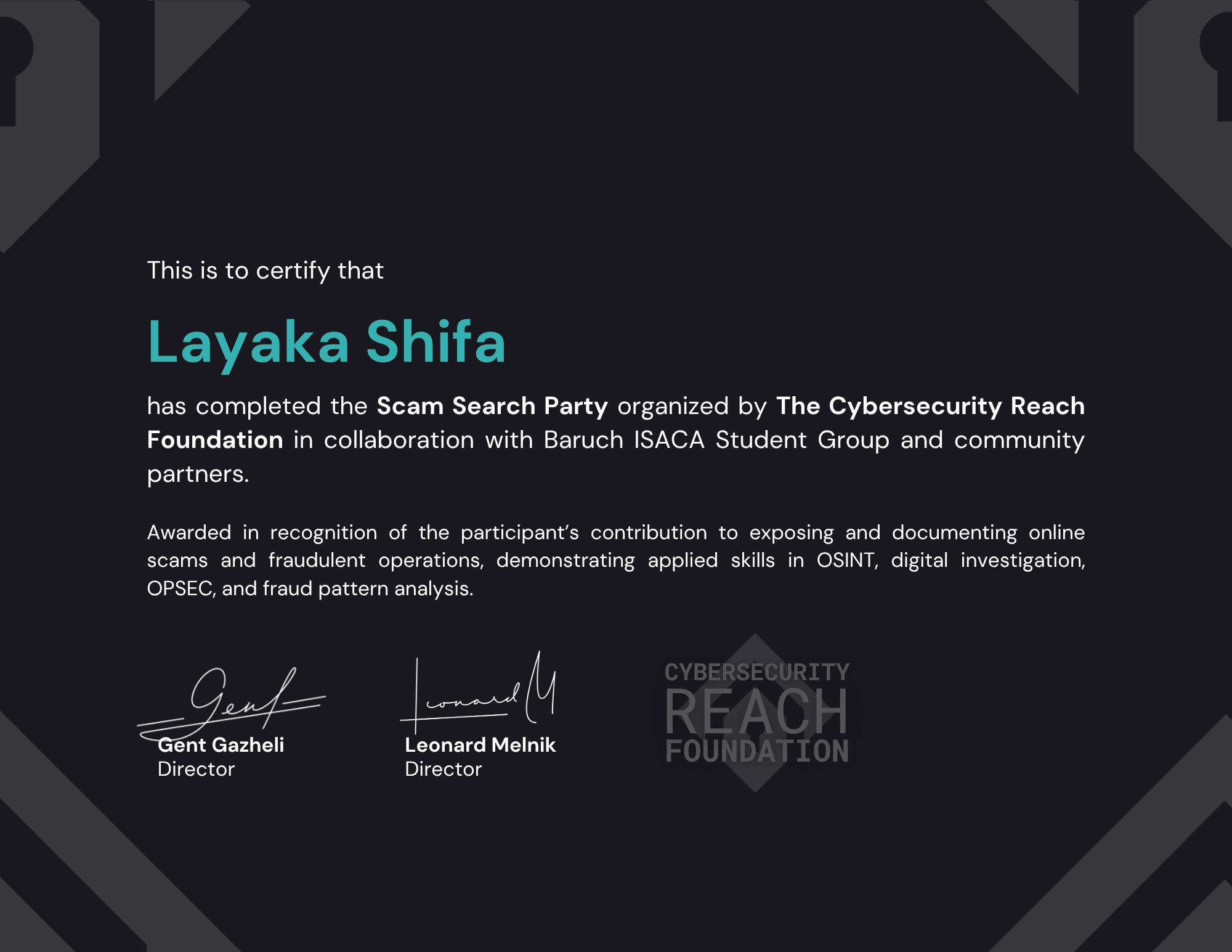 Scam Search Party • Investigator Certificate - Layaka Shifa