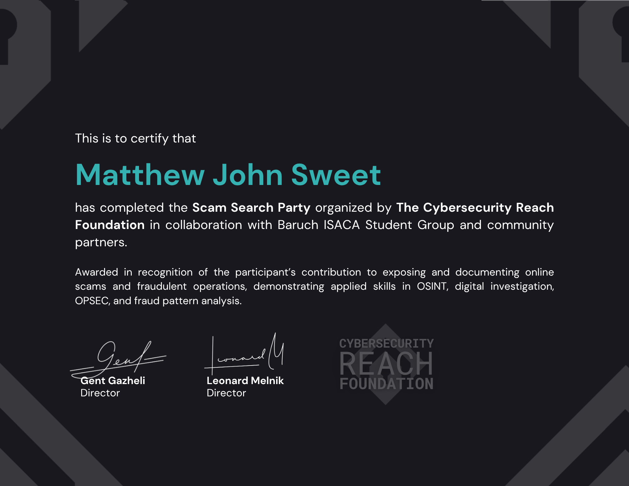 Scam Search Party • Investigator Certificate - Matthew John Sweet