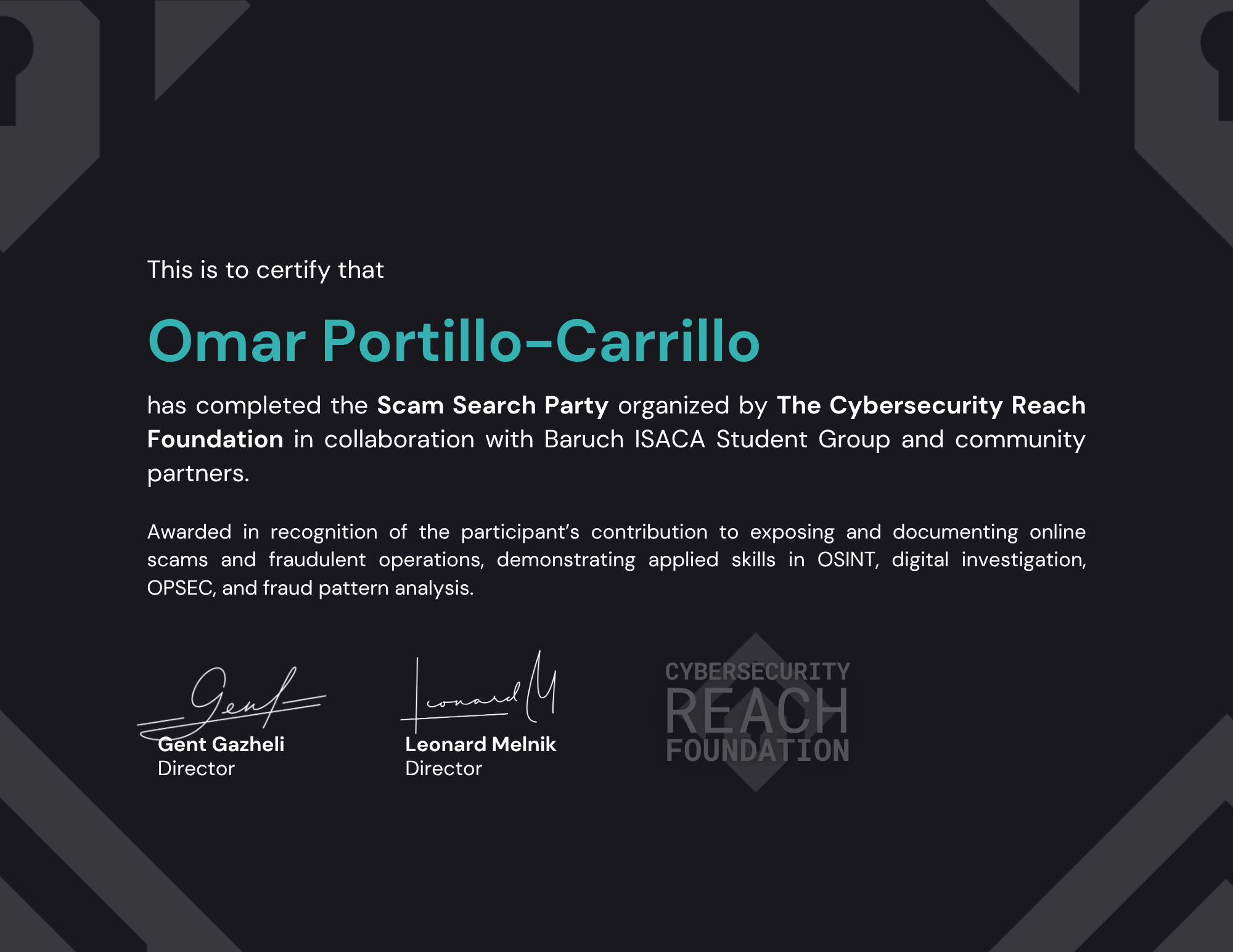 Scam Search Party • Investigator Certificate - Omar Portillo-Carrillo