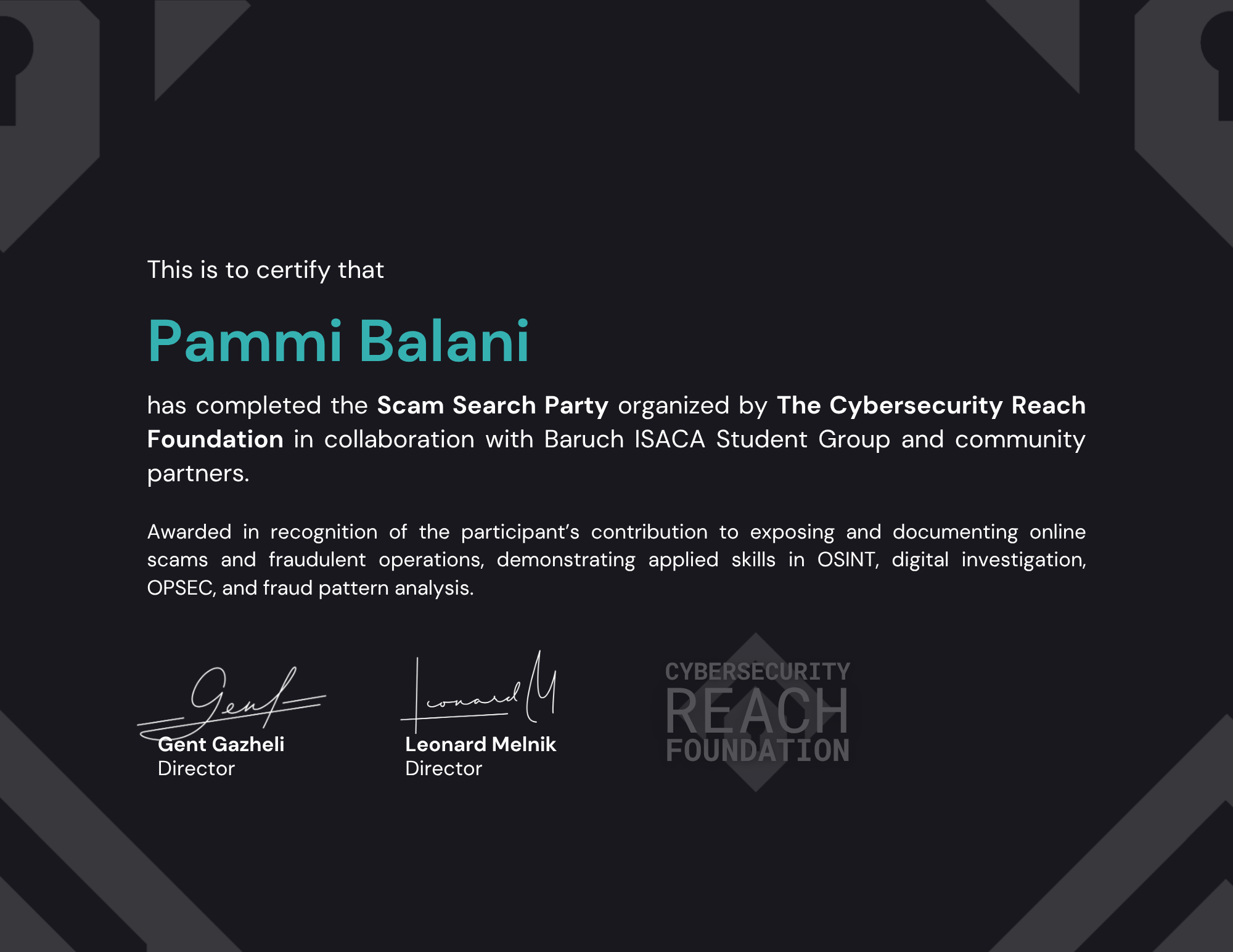 Scam Search Party • Investigator Certificate - Pammi Balani