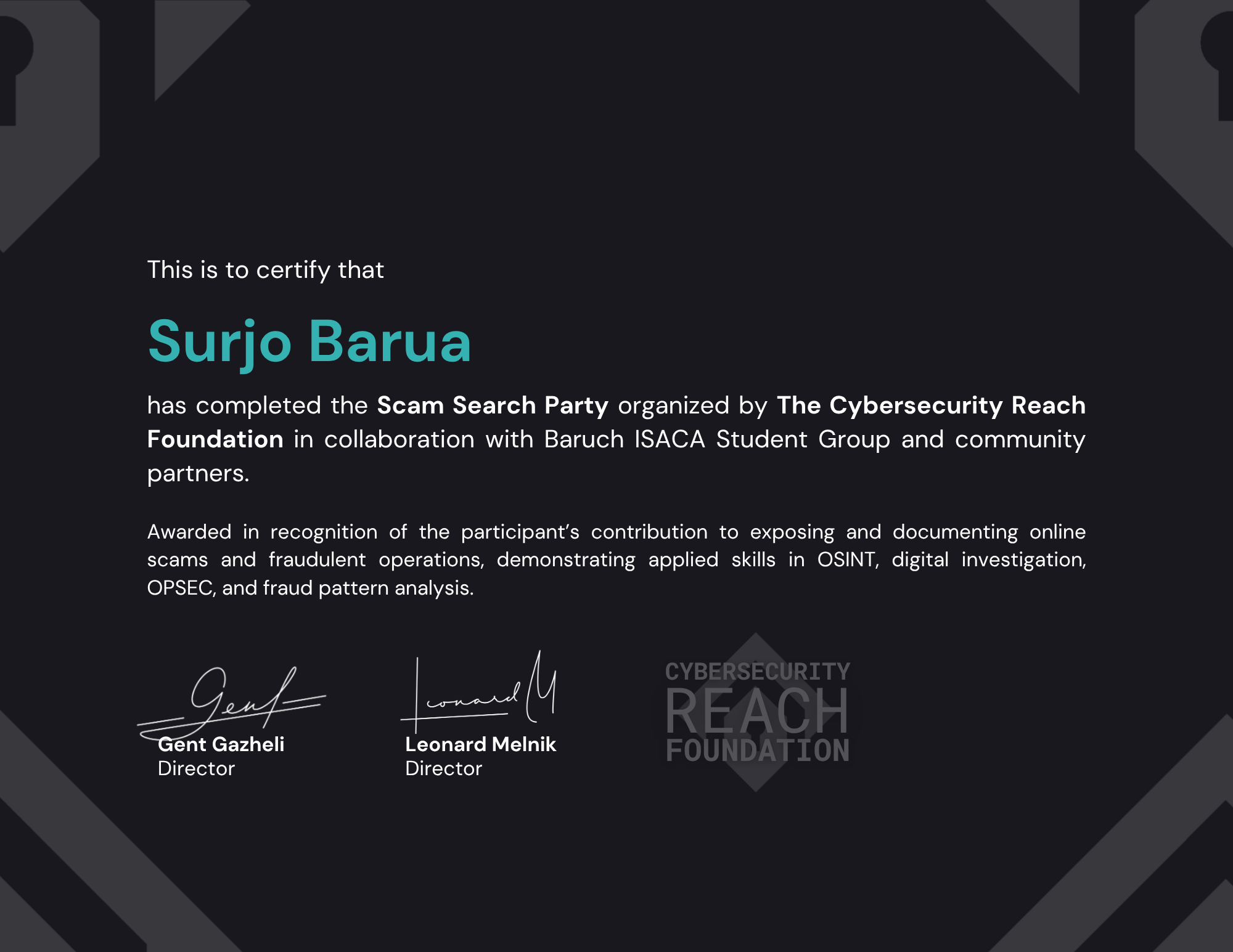 Scam Search Party • Investigator Certificate - Surjo Barua