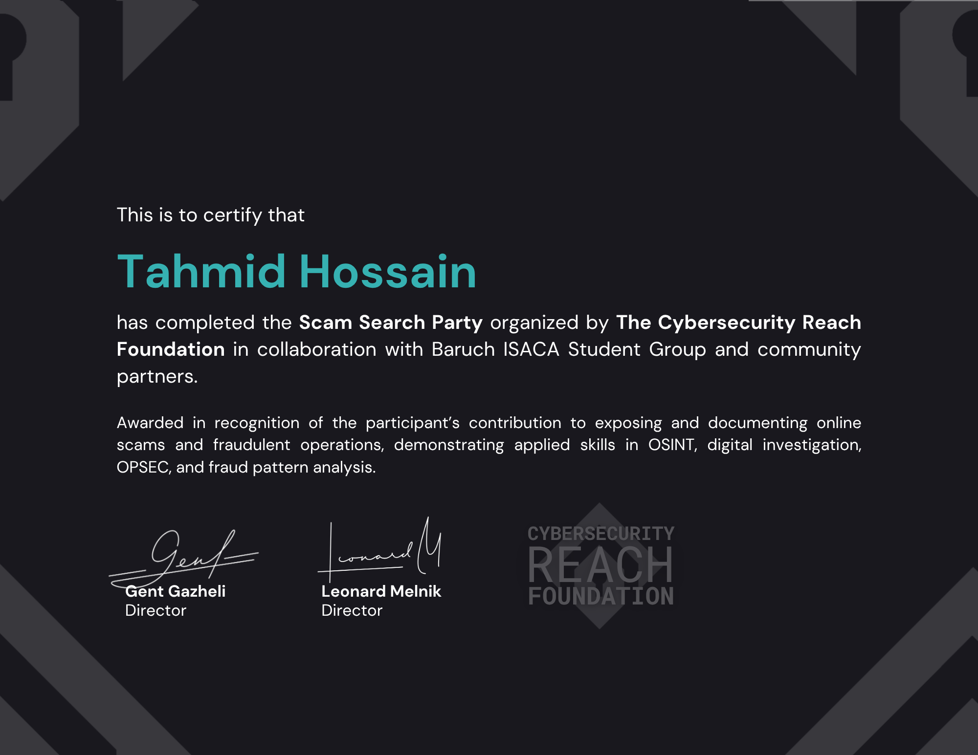 Scam Search Party • Investigator Certificate - Tahmid Hossain