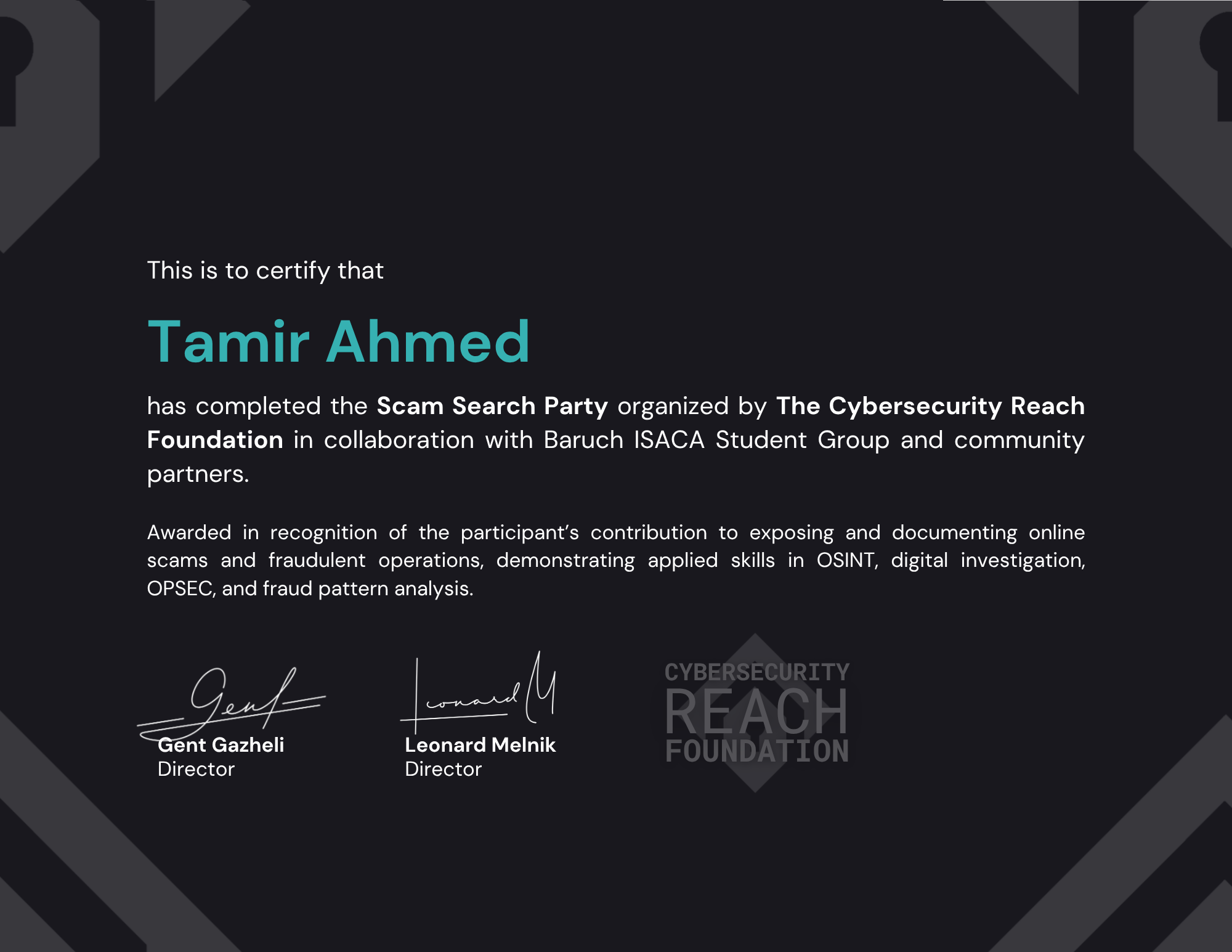 Scam Search Party • Investigator Certificate - Tamir Ahmed