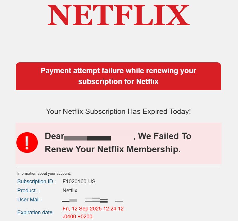 Your Netflix Subscription Has Expired Today - Payment Scam
