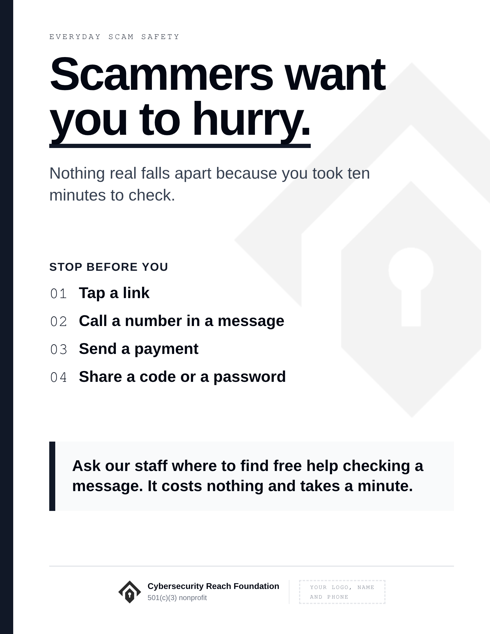 Poster. Headline: Scammers want
you to hurry. Nothing real falls apart because you took ten minutes to check. Stop before you: Tap a link; Call a number in a message; Send a payment; Share a code or a password. Ask our staff where to find free help checking a message. It costs nothing and takes a minute.