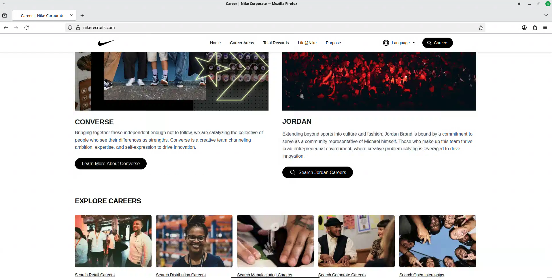 Figure 2. The Nike-branded page at nikerecruits[.]com copied the real site's navigation, imagery, and careers presentation. A background video was playing during the review.