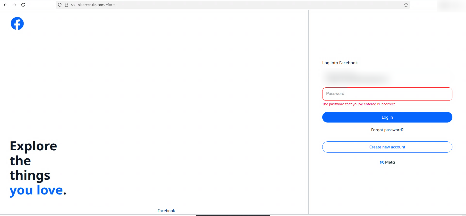 Figure 3. The fake login page displayed Facebook branding, but the browser remained on nikerecruits[.]com.