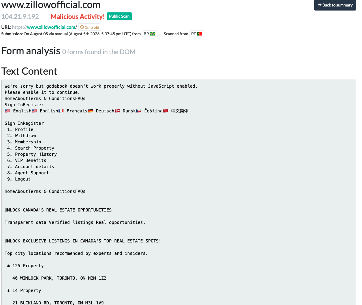 Figure 1. urlscan.io text content extraction for zillowofficial.com, showing the internal menu structure (Profile, Withdraw, Membership, Property, VIP Benefits, Agent Support).