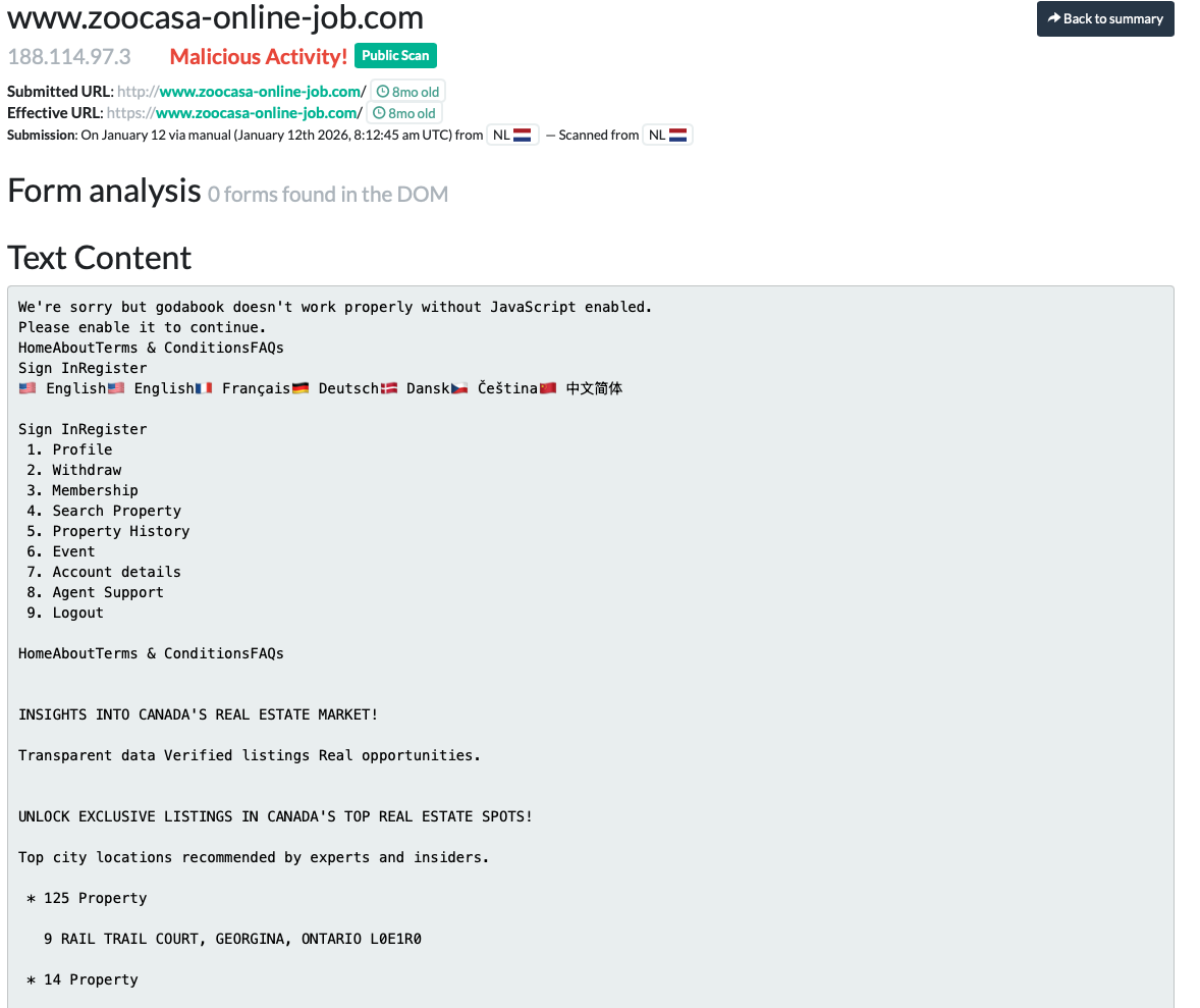 Figure 13. Text content of zoocasa-online-job.com, showing the identical “Withdraw / Membership” menu and near-identical marketing copy to zillowofficial.com.