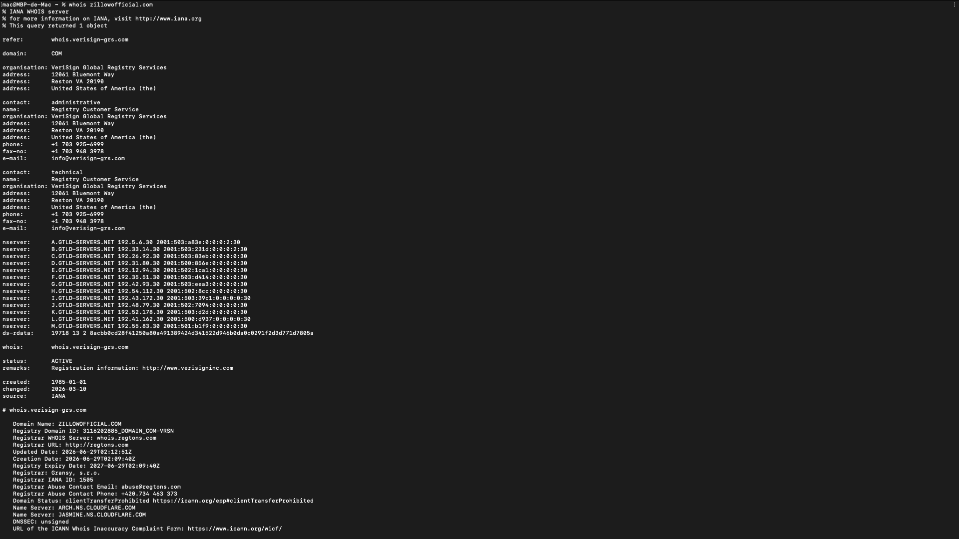 Figure 2. WHOIS lookup for zillowofficial.com: registrar, creation date, and Cloudflare name servers.