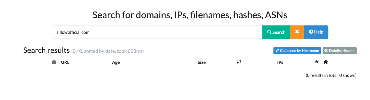 Figure 6. urlscan.io search returning zero prior scan results for zillowofficial.com before this investigation.